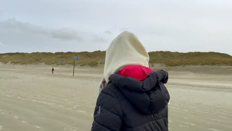 hidden woman in warm clothes walking along sandy beach at sea during cold autumn day with dunes hills in background - norderney island,germany