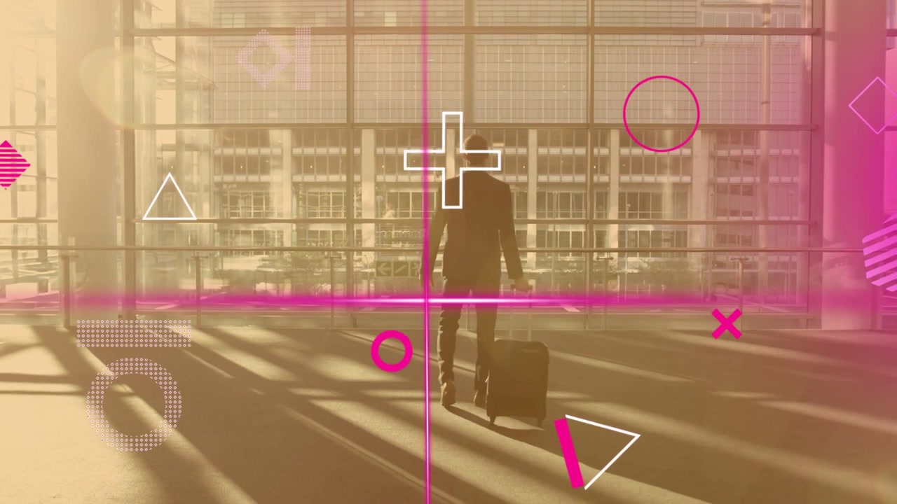 Business traveler pulling suitcase walking to glass wall to view skyline, magenta overlays framing