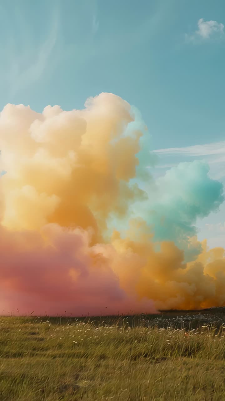 Vertical video: Drifting plume riding breeze, rising over grassy meadow, blending yellow pink teal