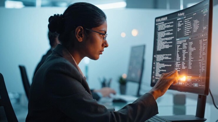 Fokussierte Fachkraft analysiert Daten auf einem Computerbildschirm in einem modernen Büroumfeld, befasst sich mit komplexen Informationen und Technologie.