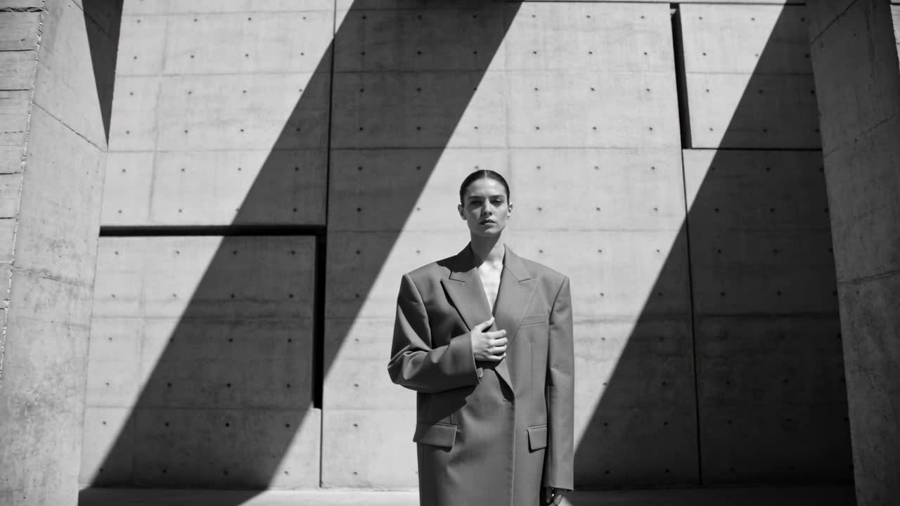 Modella che sistema il blazer portando la mano al bavero, per la moda, provocando un movimento della telecamera con un'ombra obliqua.