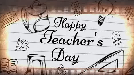 Animation-of-happy-teacher's-day-over-school-items-icons-on-white-background