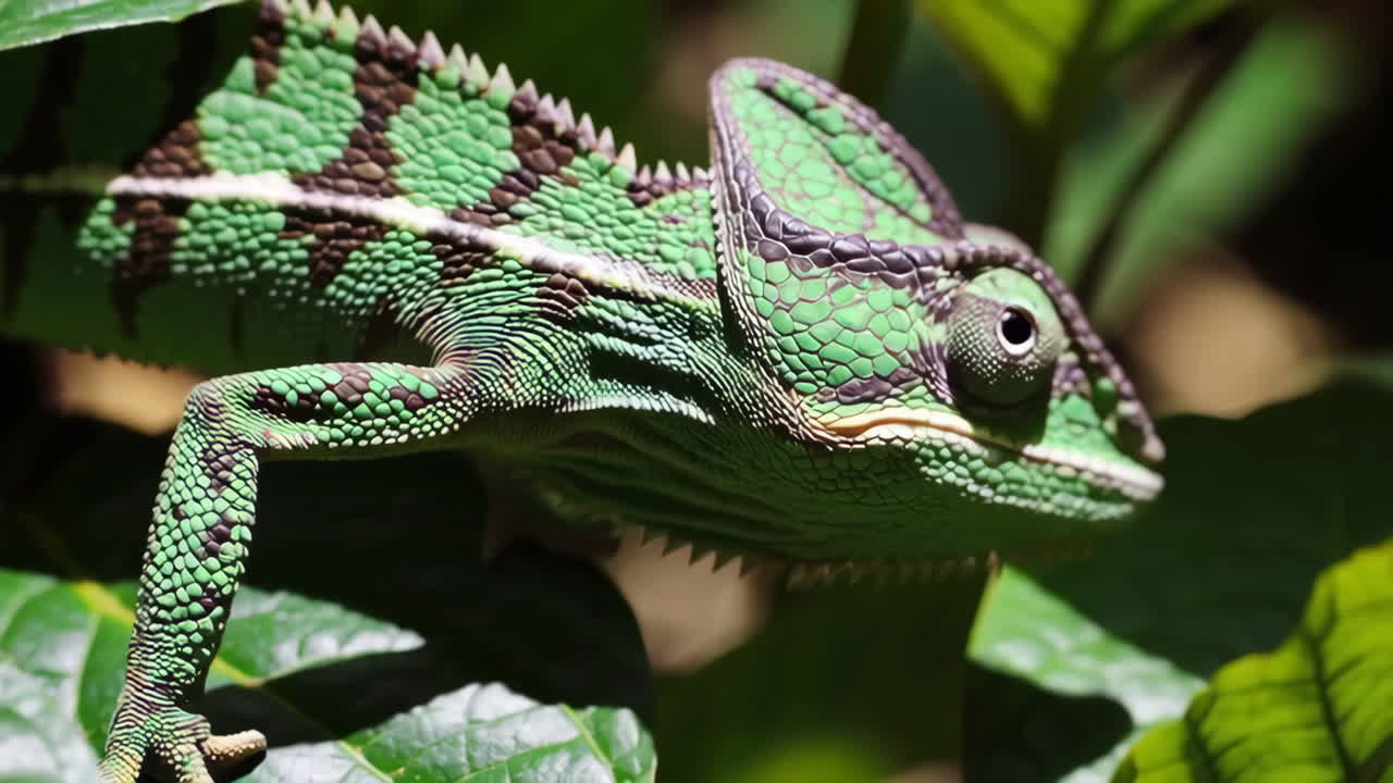 Green Chameleon on Leaves