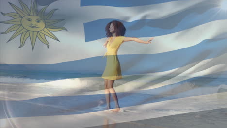woman in yellow dress enjoying beach over uruguay flag animation