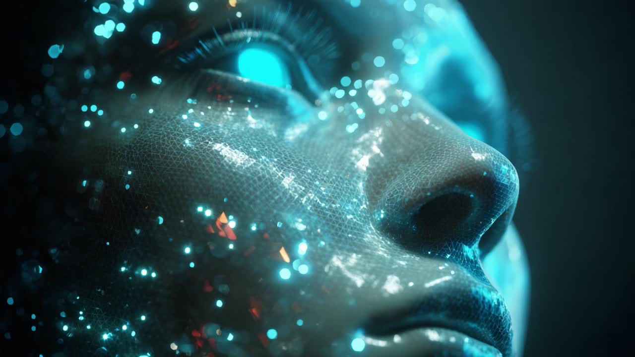 Primo piano del volto di un androide futuristico con una texture della pelle sintetica, con occhi blu luminosi e particelle di luce scintillanti, che rappresentano concetti di intelligenza artificiale e robotica