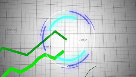 Animation-of-green-lines,-scope-scanning-and-financial-data-processing