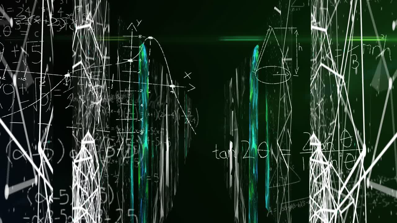 검은 바탕에 연결 네트워크를 통해 수학 방정식의 애니메이션