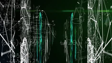 Animation of mathematical equations over network of connections on black background