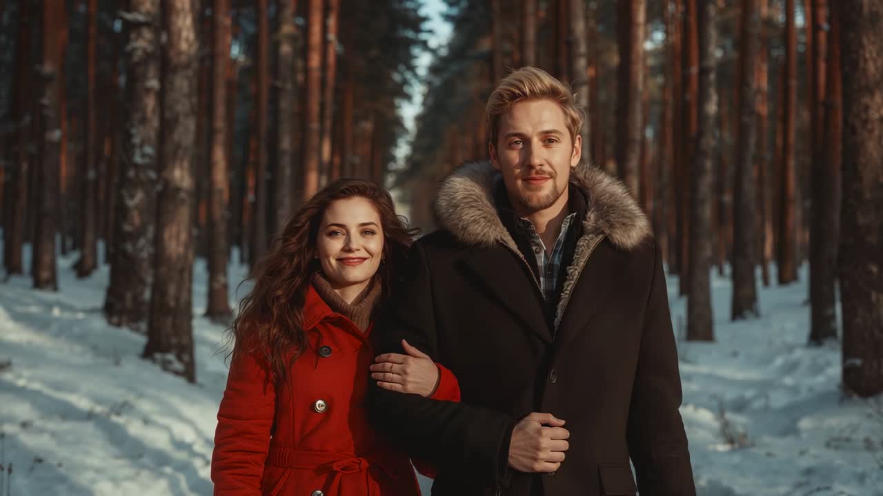 Starting couple walking arm in arm along snow-covered pine path, wearing red coat and black parka