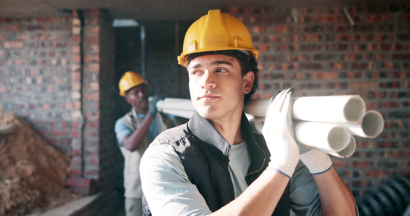 Construction Workers Carrying PVC Pipes at Building Site