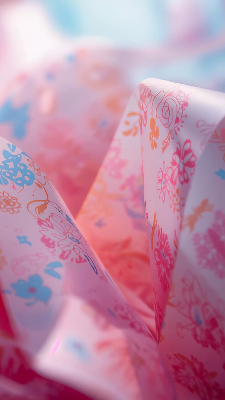 Vertical video: Shifting focus revealing floral paper peaks on tabletop, highlighting pastel motifs