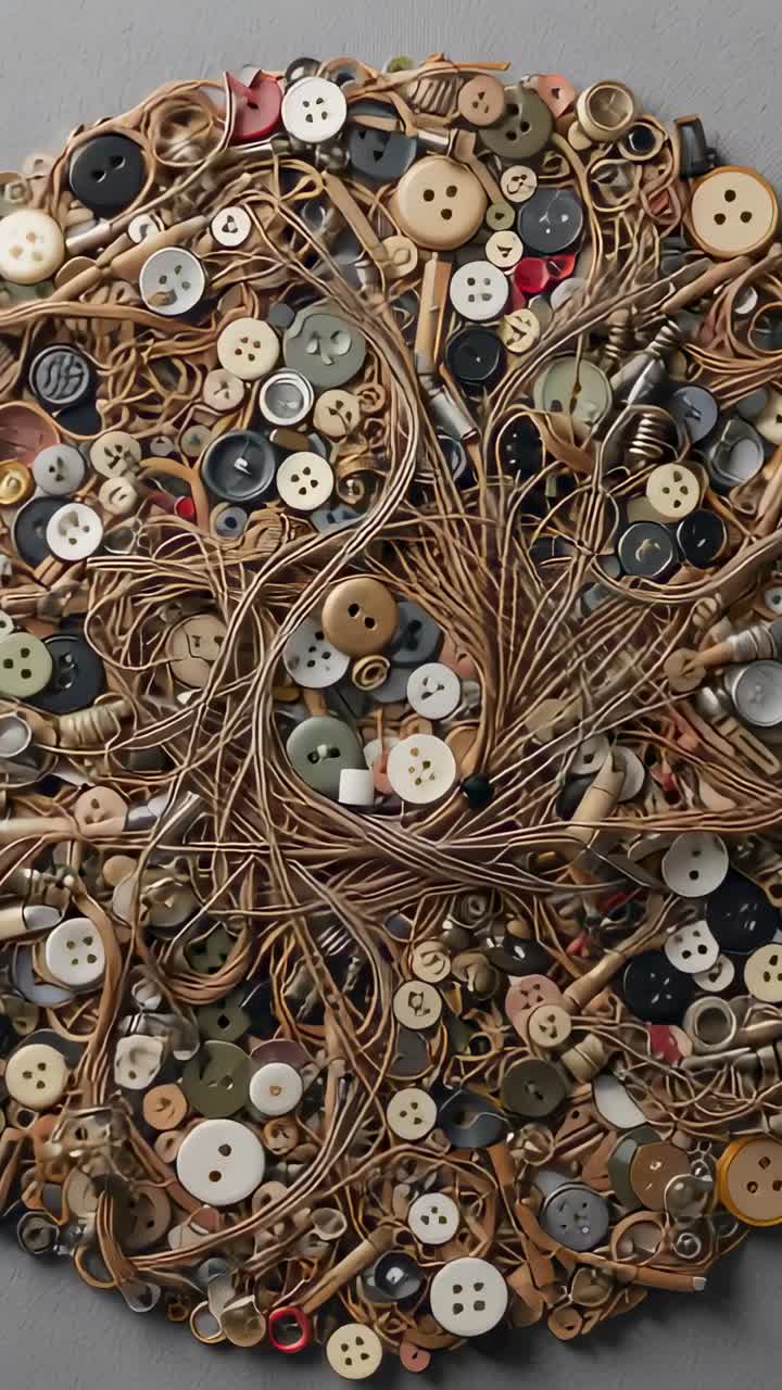 Vertical video: Panning camera showing button art on grey panel, revealing cord and button detail