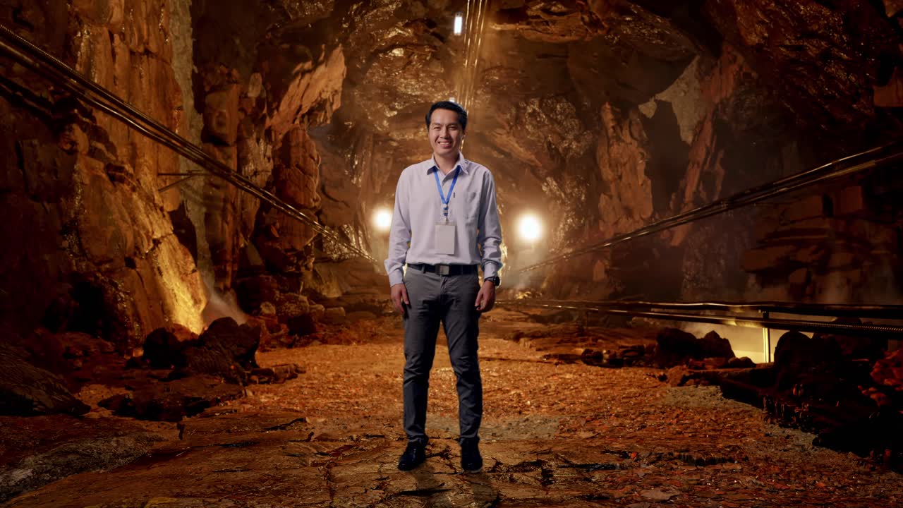 Full Body Of An Asian Male Professional Worker Standing In Underground Mine Tunnel, He Look At The Camera And Smiling