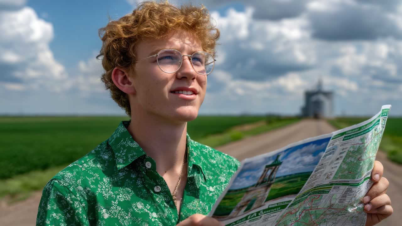 A Young Explorer Analyzing a Map on a Scenic Rural Road Surrounded by Lush Green Fields and a Distant Grain Elevator Under a Bright Blue Sky