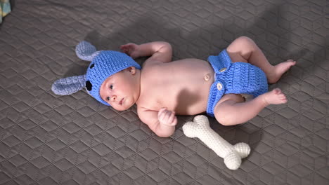 funny doggy cap and knitted diaper put on a little kid. adorable child with naked tummy lying on the grey background.