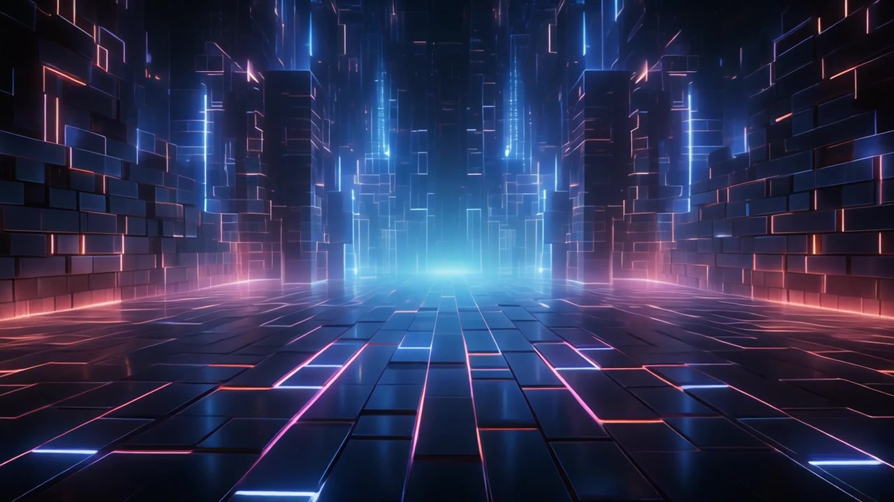 Futuristic Corridor with Glowing Neon Lights and Digital Grid Floor