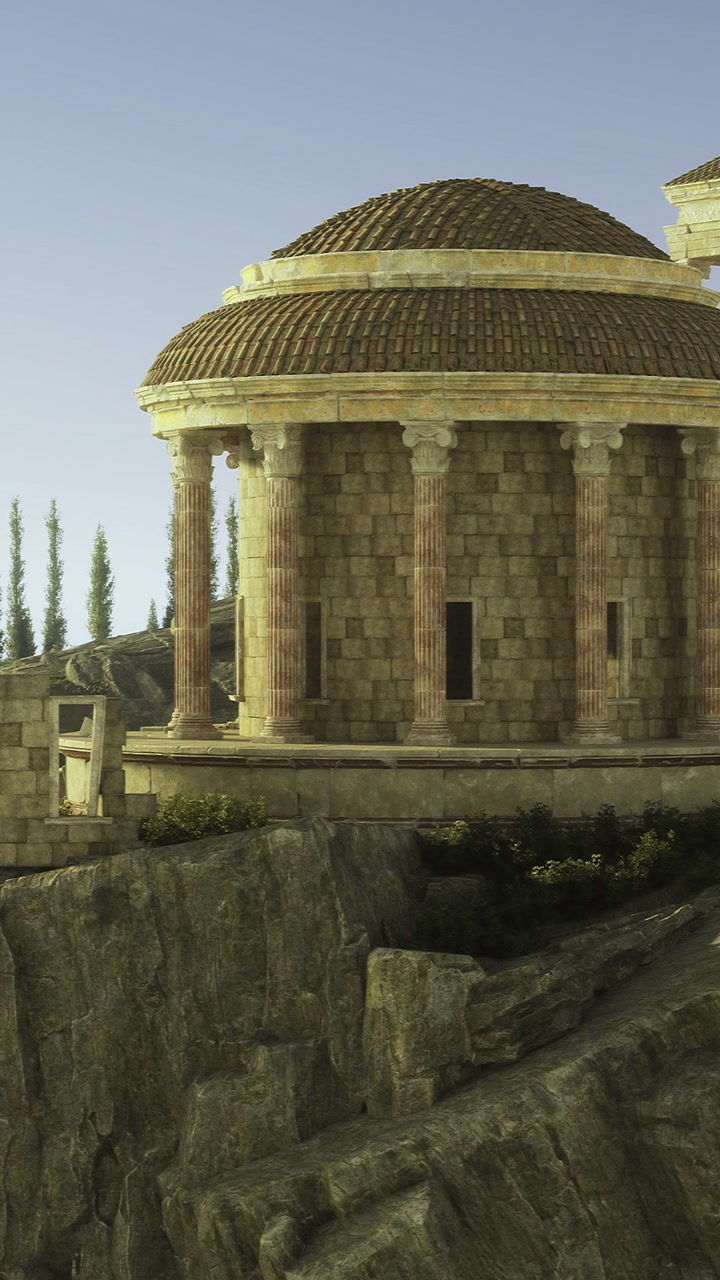 Mighty temple stands tall against a serene and timeless landscape at dusk