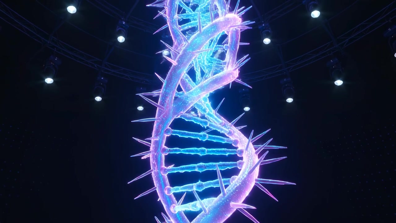 Segnale luminoso che rivela una scultura a doppia elica che si illumina e sale sul palco, pioli neon blu e rosa