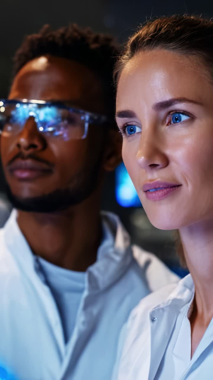 Engaged Scientists Analyzing Data in a High-Tech Laboratory Environment, Showcasing Concentration and Collaboration in their Research Endeavors