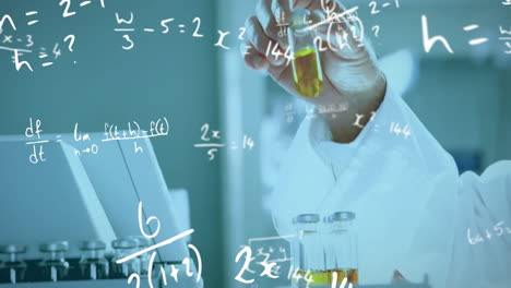 Animation of mathematical equations over biracial male scientist working in lab