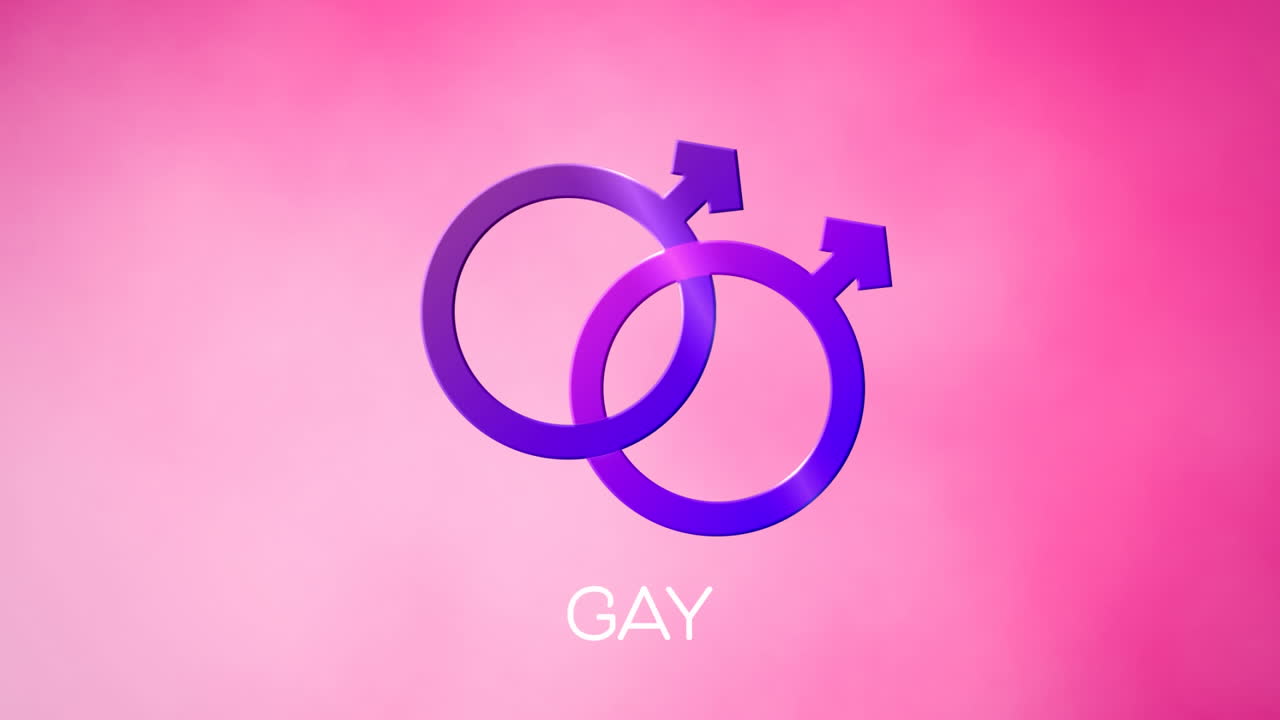 animación de texto gay, con dos símbolos de género masculino púrpura vinculados en rosa