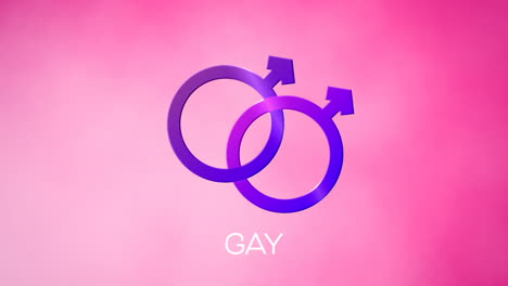 animation of text gay, with two linked purple male gender symbol on pink