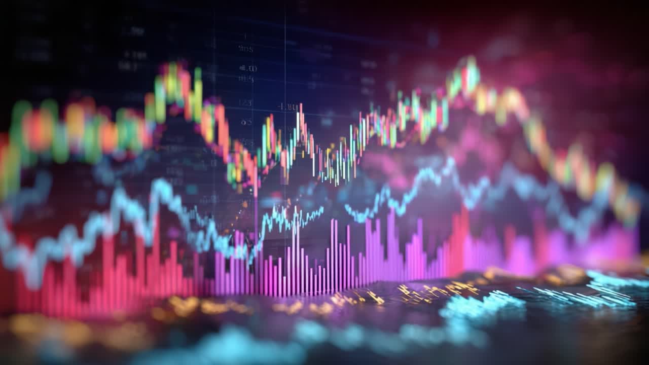 Dynamisk visualisering af finansielle data med farverige grafer og indikatorlinjer, der viser markedstendenser og ændringer over tid i en moderne trading-grænseflade