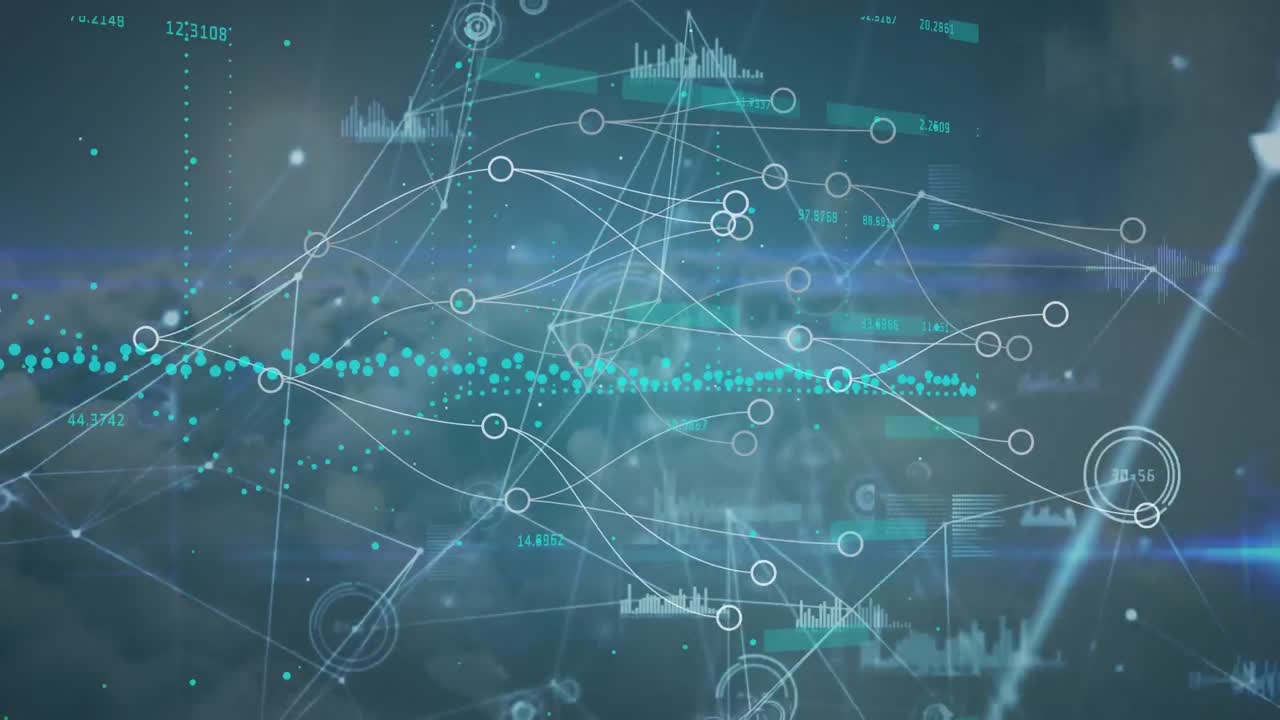 Animation of network of connections with data processing over sky with clouds