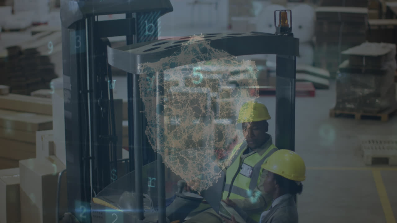 창고에서 일하는 다양한 사람들 위에서 락과 데이터 처리의 애니메이션