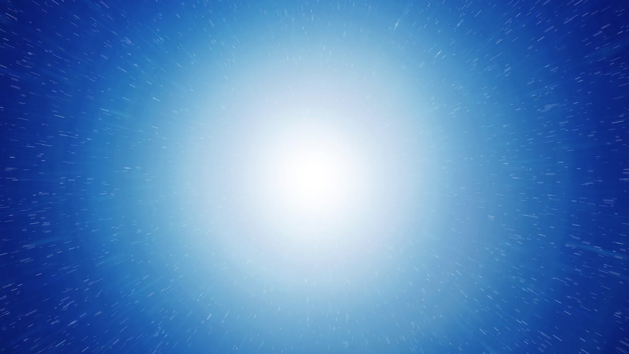 Journey through a deep blue space, moving toward a radiant white light at the center - motion, energy, and exploration, with particles and streaks enhancing the dynamic effect
