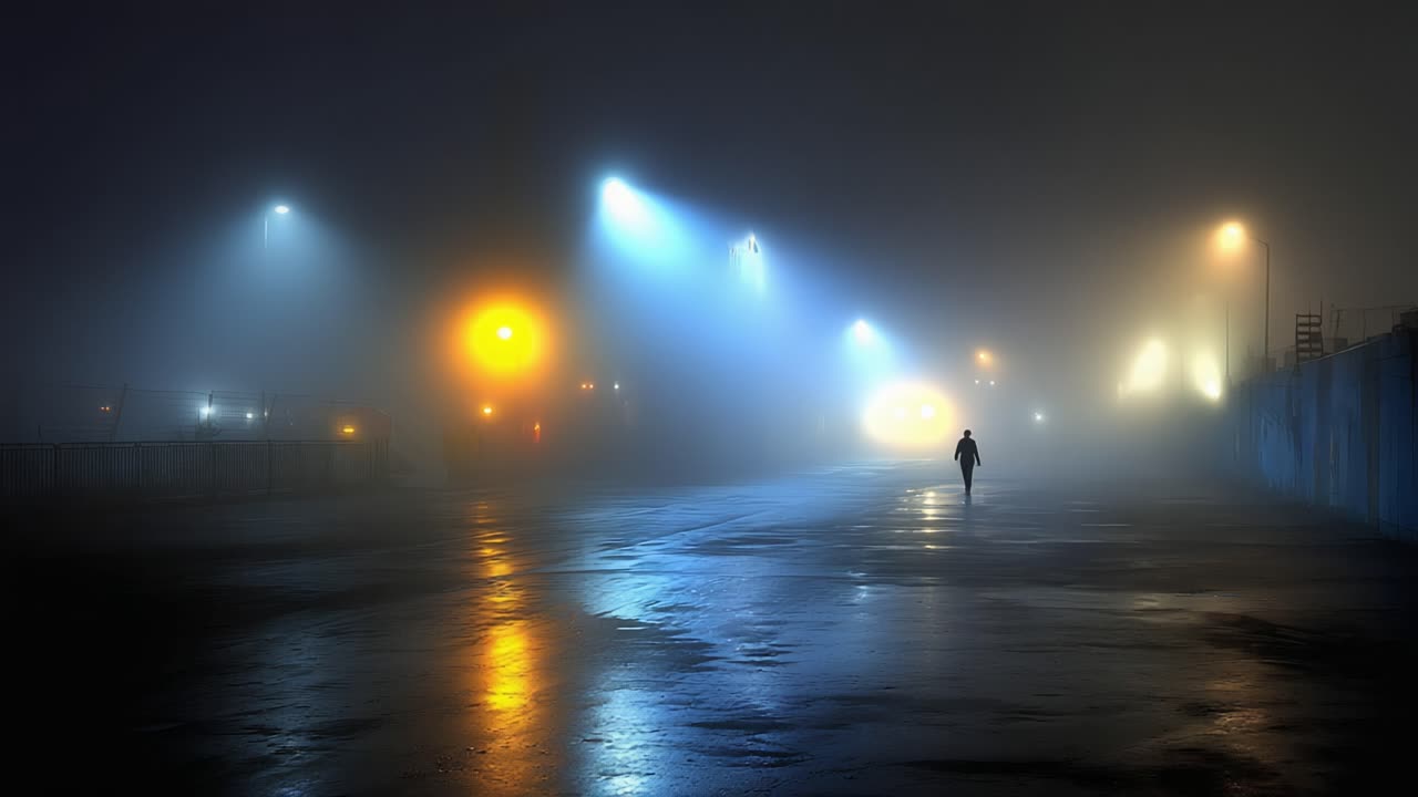A solitary figure walks through a mysterious and eerie foggy night, illuminated by vibrant streetlights and reflections on the wet pavement, creating an atmospheric scene