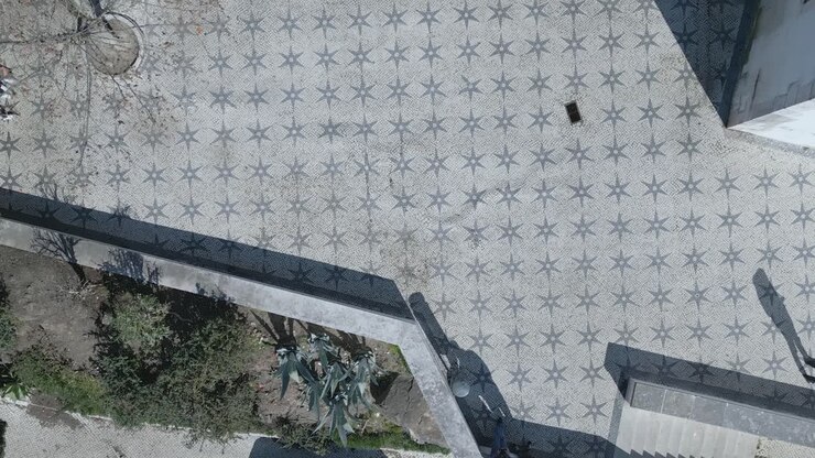 aerial view of cobblestone of Figueira downtown square with some trees very beautiful in Lisbon, Portugal