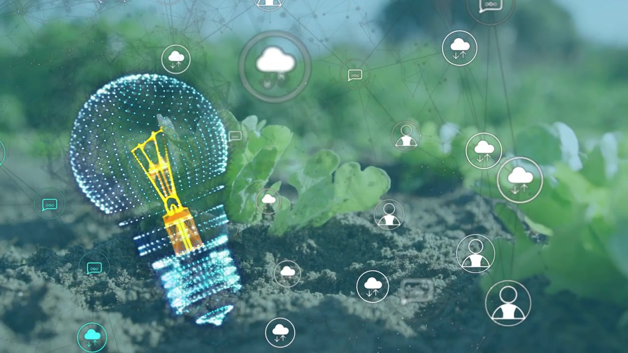 Holographic bulb pulsing above soil, sending icons drifting right and highlighting data for crops