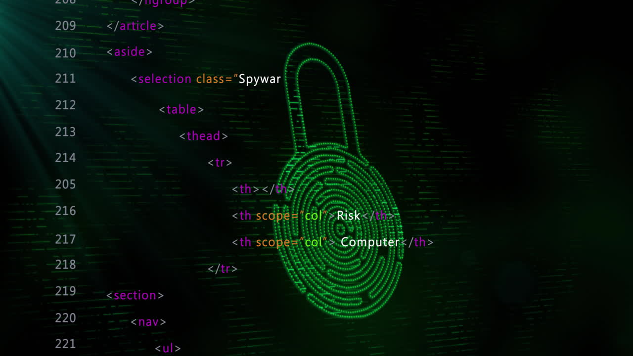 animación de un candado biométrico y procesamiento de datos sobre un fondo negro