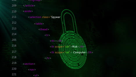 Animation of biometric padlocck and data processing over black background