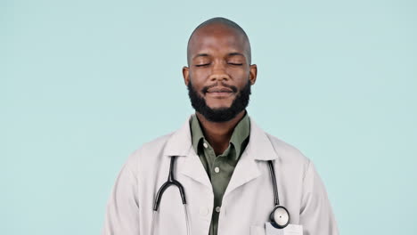 face, happy black man and doctor in studio