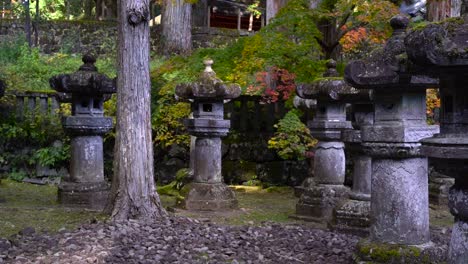 typical japanese stone pillars inside shrine - slow motion slider