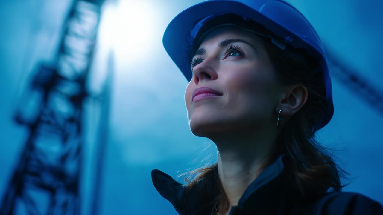 A determined woman wearing a hard hat gazes upward with a look of ambition, set against a backdrop of construction equipment, embodying strength and focus in the engineering field under dramatic lighting