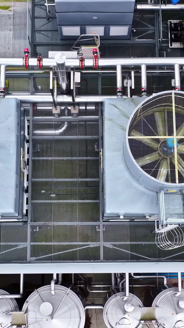 Larrge industrial ventilation and air conditioning system in operation, aerial vertical view