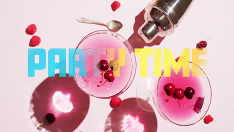 party time text animation over pink cocktails with cherries and raspberries