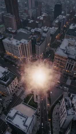 mystical glow enveloping urban intersection, cloudy sky casting ethereal light over bustling streets and towering buildings at nighttime