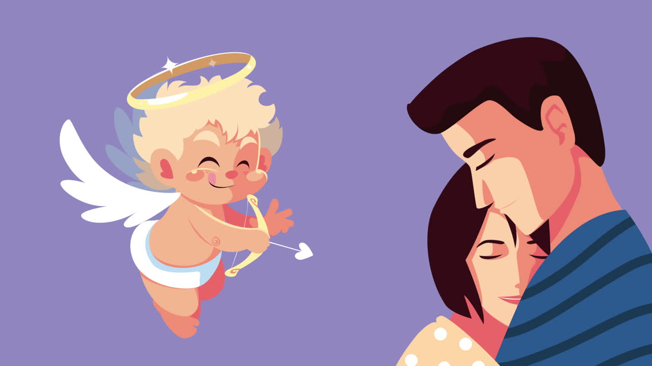 happy valentines day card with cupid angel flying and lovers couple