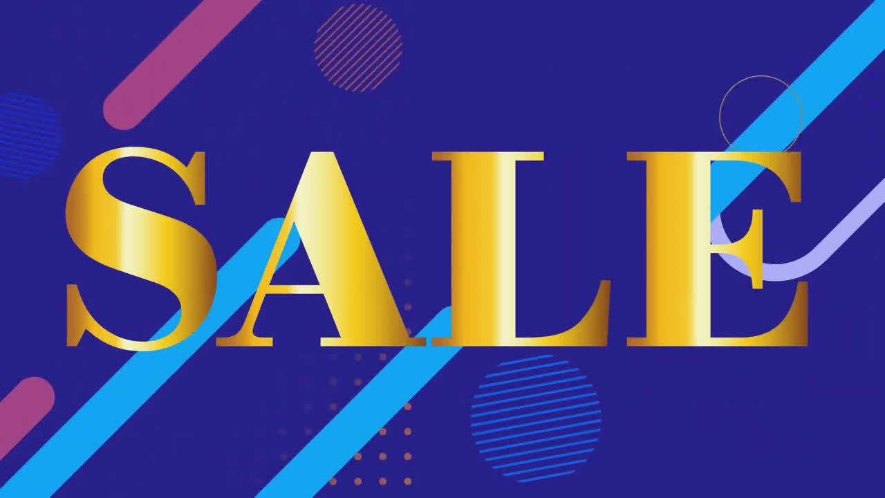 파란색 배경에 기하학적 모양 위에 판매 텍스트의 애니메이션