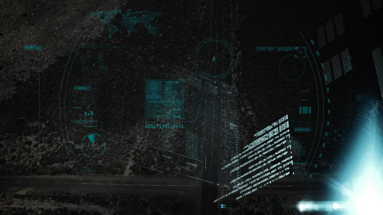 Animation of data processing on screen over cityscape