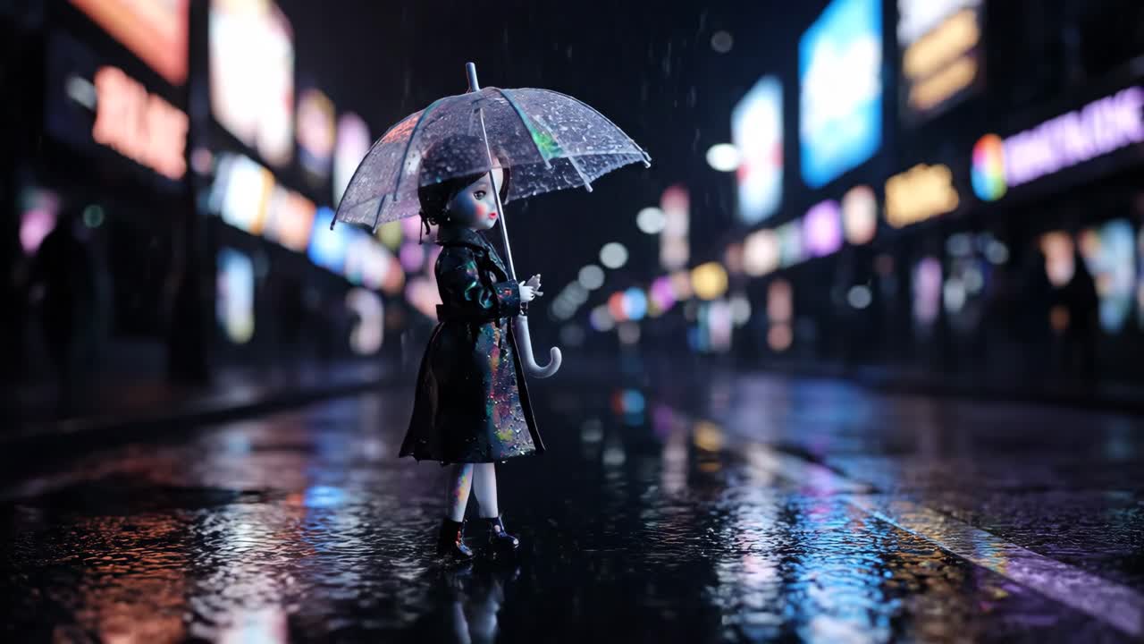 Doll with Umbrella in Rainy City at Night