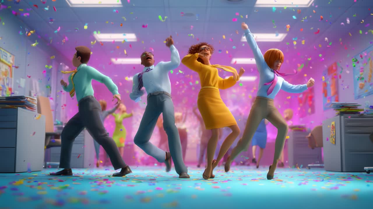 A Vibrant Celebration in the Office: Animated Characters Dance and Celebrate Amidst Colorful Confetti and Joyful Atmosphere in a Corporate Setting