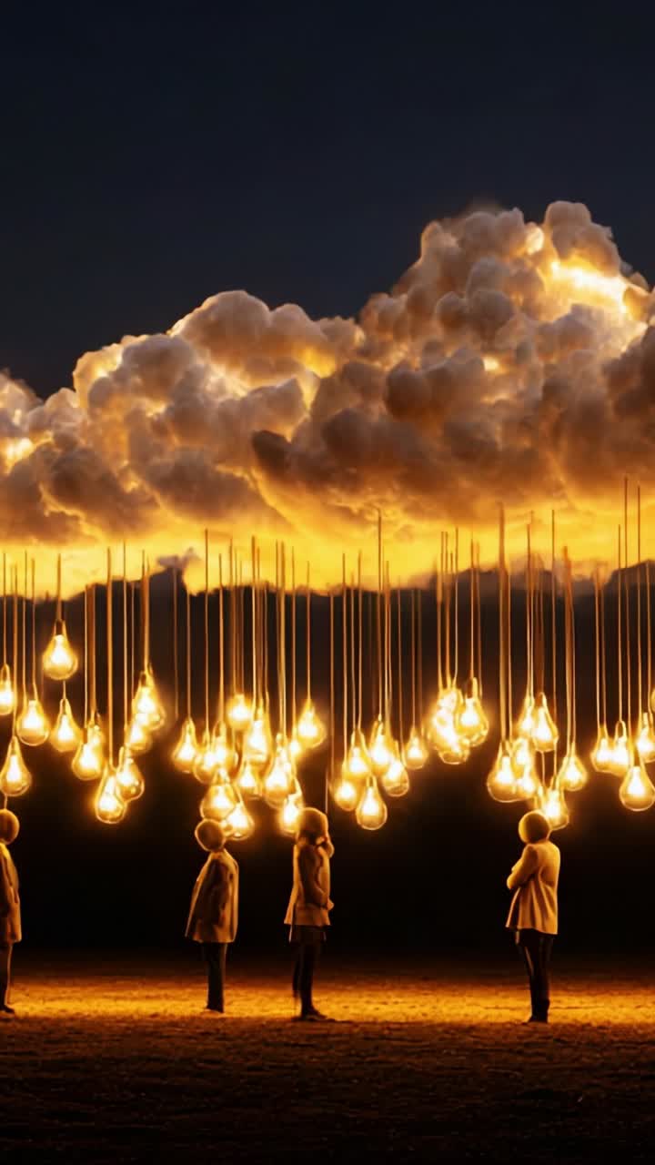 Illuminated Figures Under a Dramatic Cloudy Sky with Glowing Light Bulbs Creating an Enchanting Atmosphere of Wonder and Imagination at Dusk