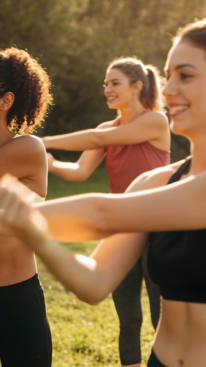 Vertical video: Panning three women warming up at park wearing workout gear in sunlight