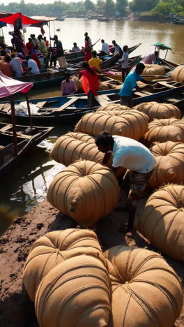 river market scene with cargo loading