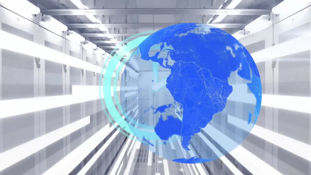 지구의 애니메이션, 빠르게 움직이는 시계 및 컴퓨터 서버를 통한 데이터 처리